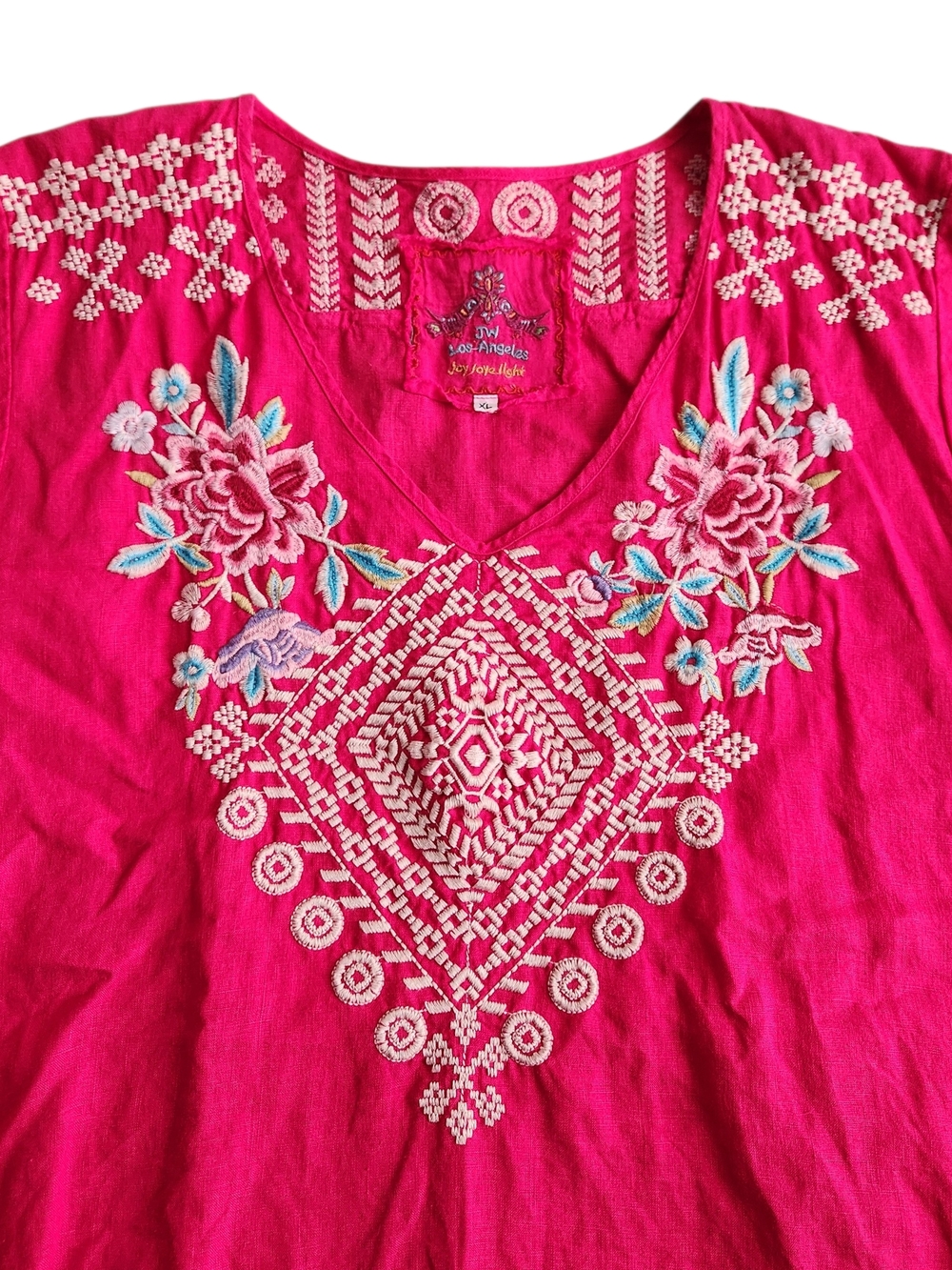 Johnny Was Floral Embroidered Blouse Tunic Top XL Hot Pink Bohemian Fiesta Indie
